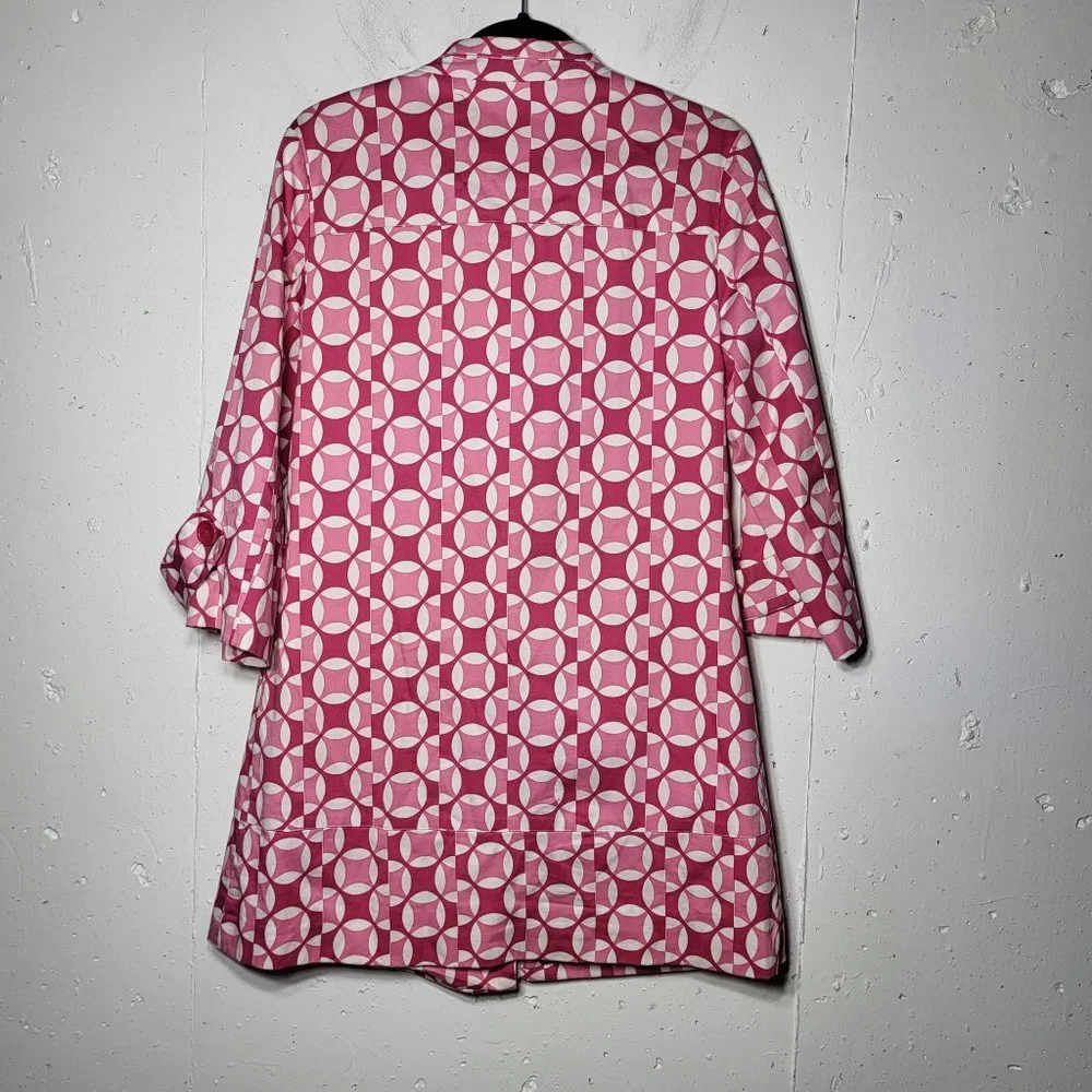 Madison Womens Pink Geometric Print Button Down Trench Coat Jacket‎ Size Small